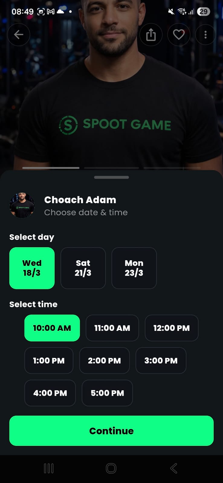 Select date and time screen