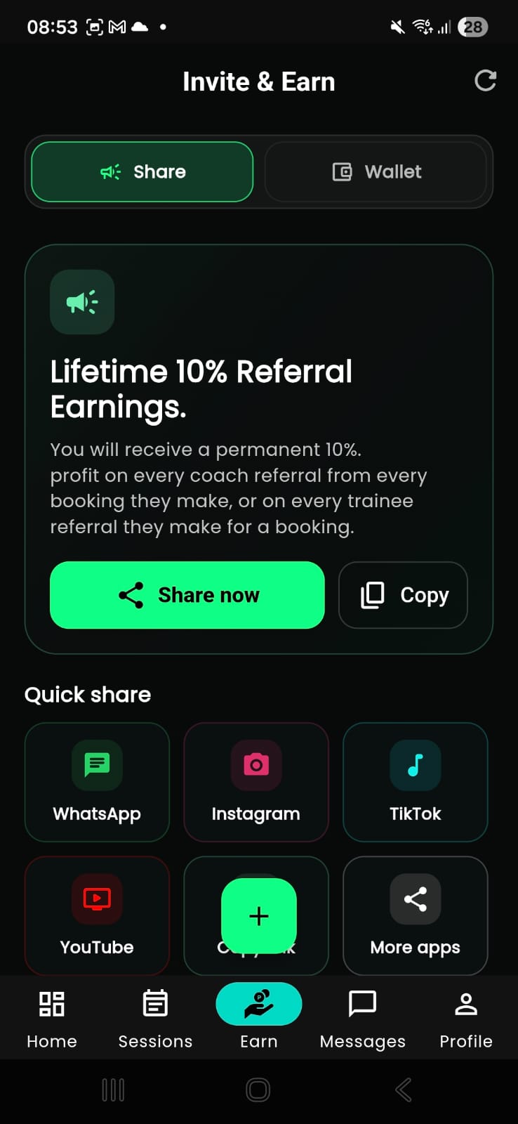 Invite and earn screen